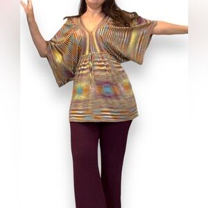 Psychadelic knit print kimono sleeve tunic sweater, lightweight,multicolor